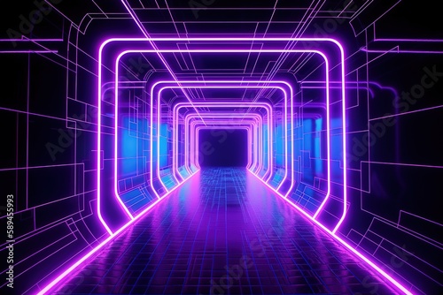 3d render, ultraviolet neon square portal, glowing lines, tunnel, virtual reality, abstract fashion background, violet neon lights, arch, pink purple vibrant colors, laser show, Generative AI