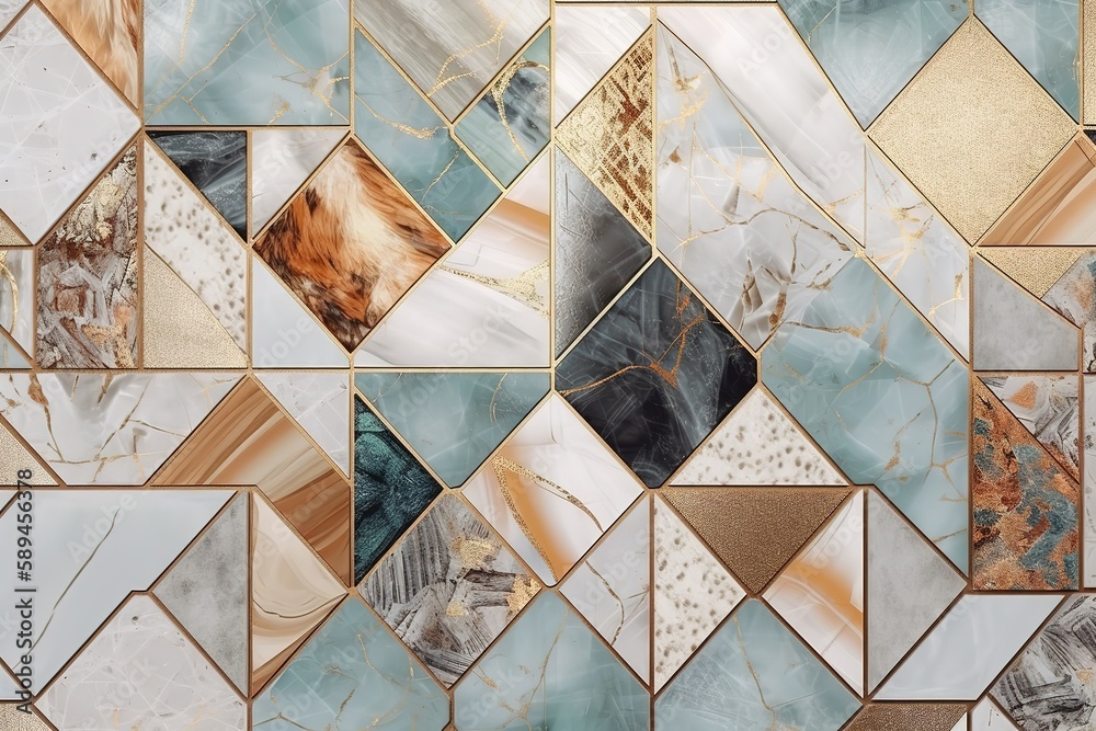 Abstract geometric background with marble mosaic inlay. Mixed wall tiles with artificial stone textures and shiny metallic foil. Modern wallpaper, Generative AI - obrazy, fototapety, plakaty 