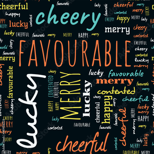 Word pattern on the topic happy, favorable, lucky, cheerful, cheery, merry.
