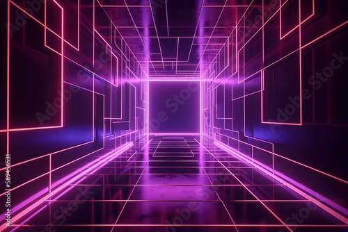 Abstract minimal ultraviolet background, 3d render of geometric shape, tunnel, corridor, pink neon light, stage design, floor reflection, Generative AI