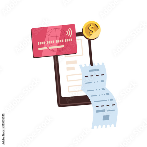 Online payment with mobile phone and plastic credit debit card. Paying with electronic money, smartphone, bank app. Internet transaction receipt. Flat vector illustration isolated on white background