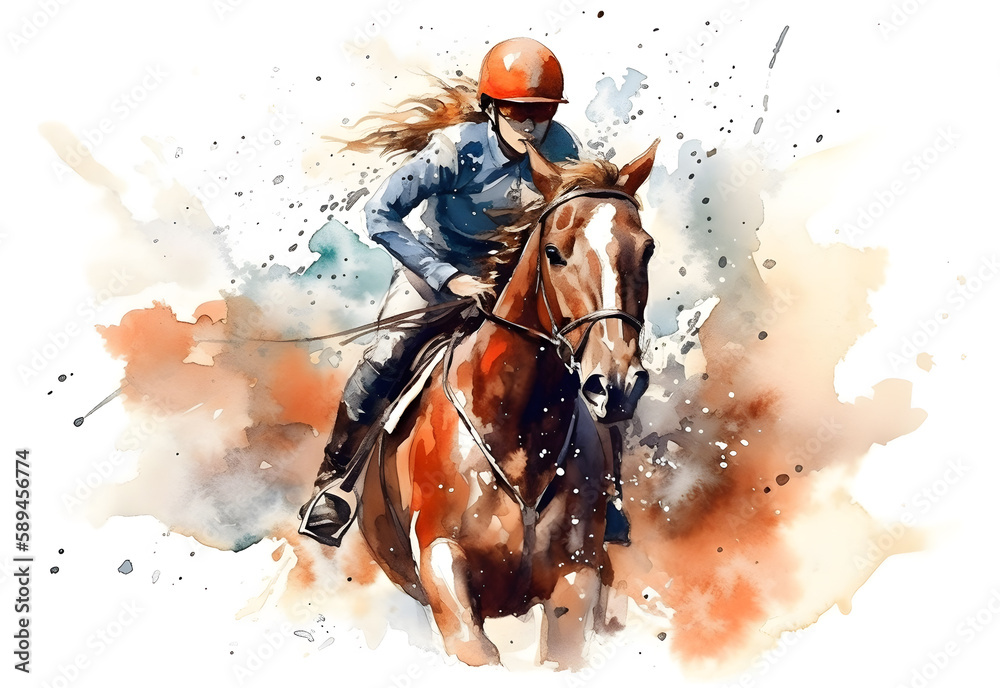 Fototapeta premium Watercolor design of a horse riding woman - Generative AI