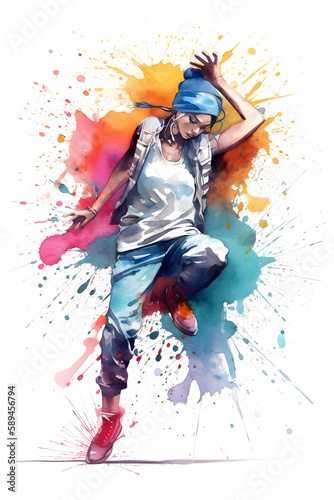 Watercolor design of a female hip hop dancer - Generative AI