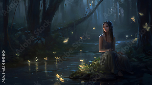 Enchanted Forest Nymph with Glowing Fireflies  Magical Whimsical Scene  Generative AI