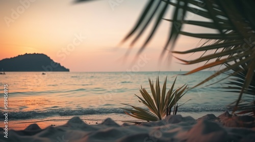 Tropical summer seascape with palm leaves, beach and paradise ocean on sunset. Generative AI