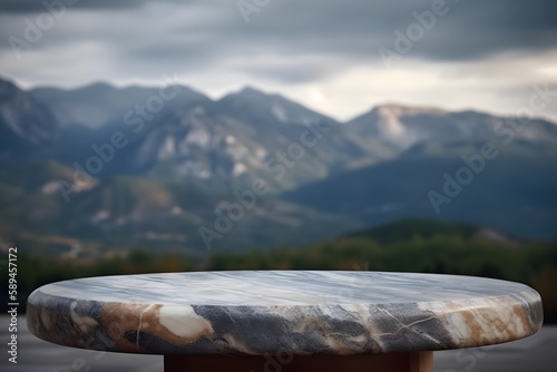 Cloudy mountain bokeh seen behind empty marble table used as product display. Generative AI
