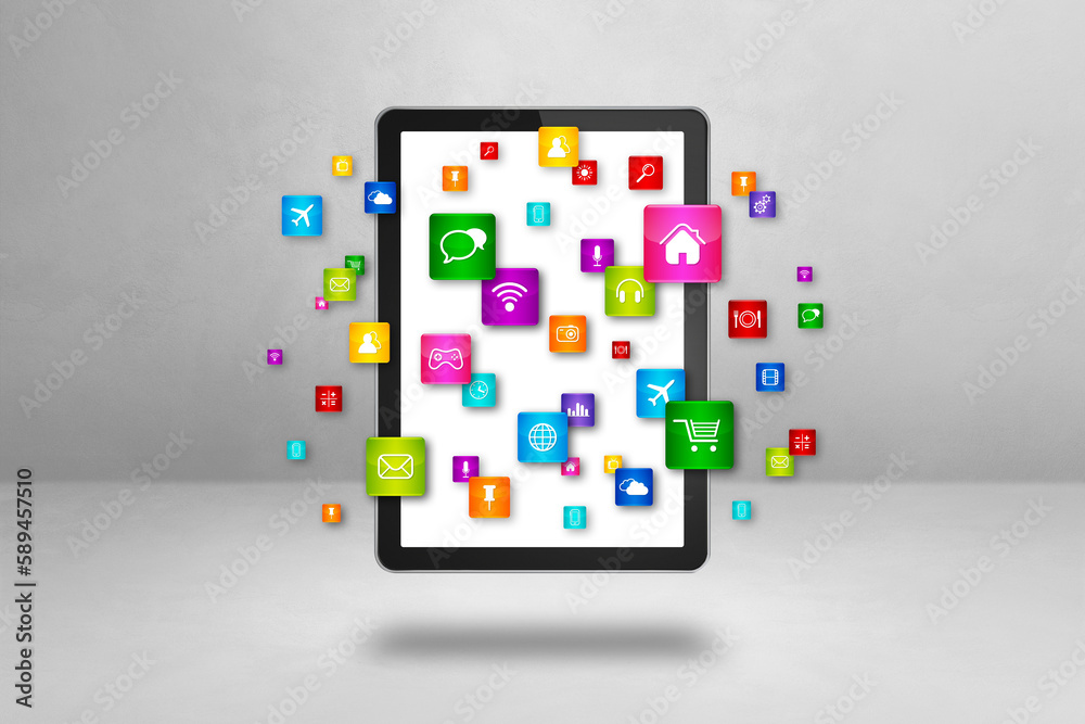 Flying icons around a tablet PC. Cloud computing concept Flying icons around a tablet PC. Cloud computing concept