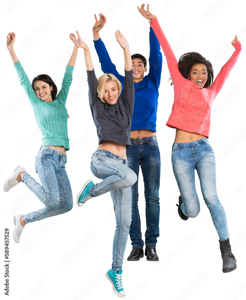 Group of jumping cheerful teens isolated on white