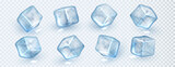 Blue transparent ice cubes. Vectror realistic clear crystal 3d pieces in different angles isolated