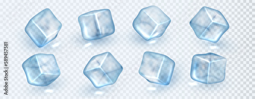 Blue transparent ice cubes. Vectror realistic clear crystal 3d pieces in different angles isolated