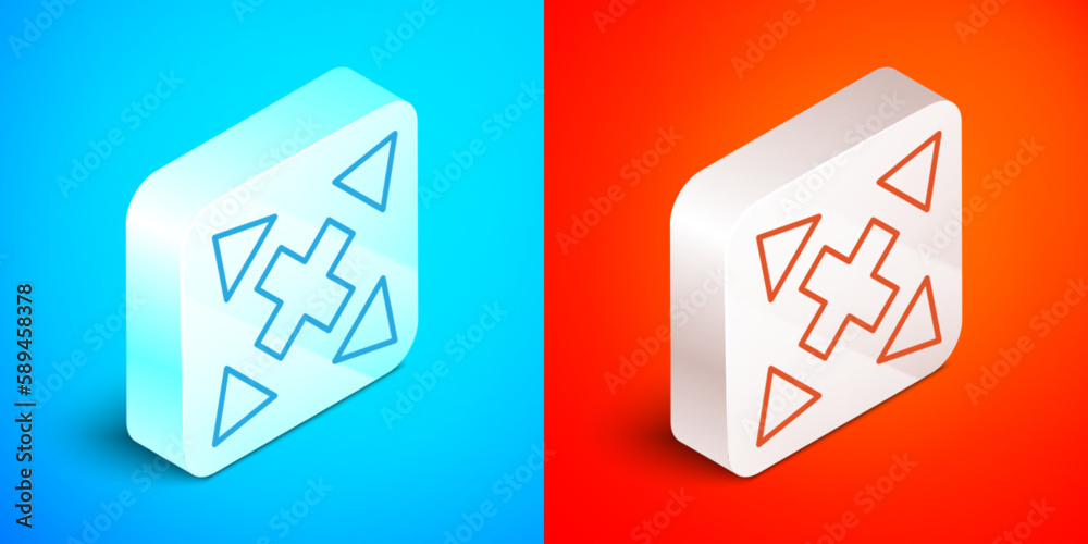 Isometric line Many ways directional arrow icon isolated on blue and red background. Silver square button. Vector Isometric line Many ways directional arrow icon isolated on blue and red background. Silver square button. Vector