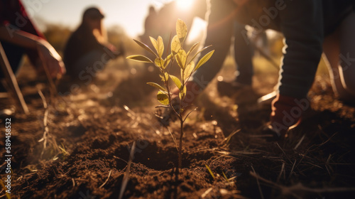 Ecosystem Restoration United: Captivating Close-up of Tree-Planting Event with Enthusiastic Volunteers, Generative AI photo