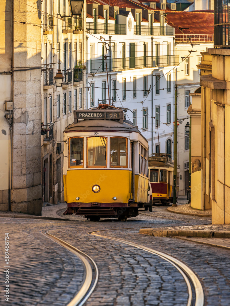 Vintage trams on Calçada São Francisco in the Chiado district, Lisbon, Portugal.