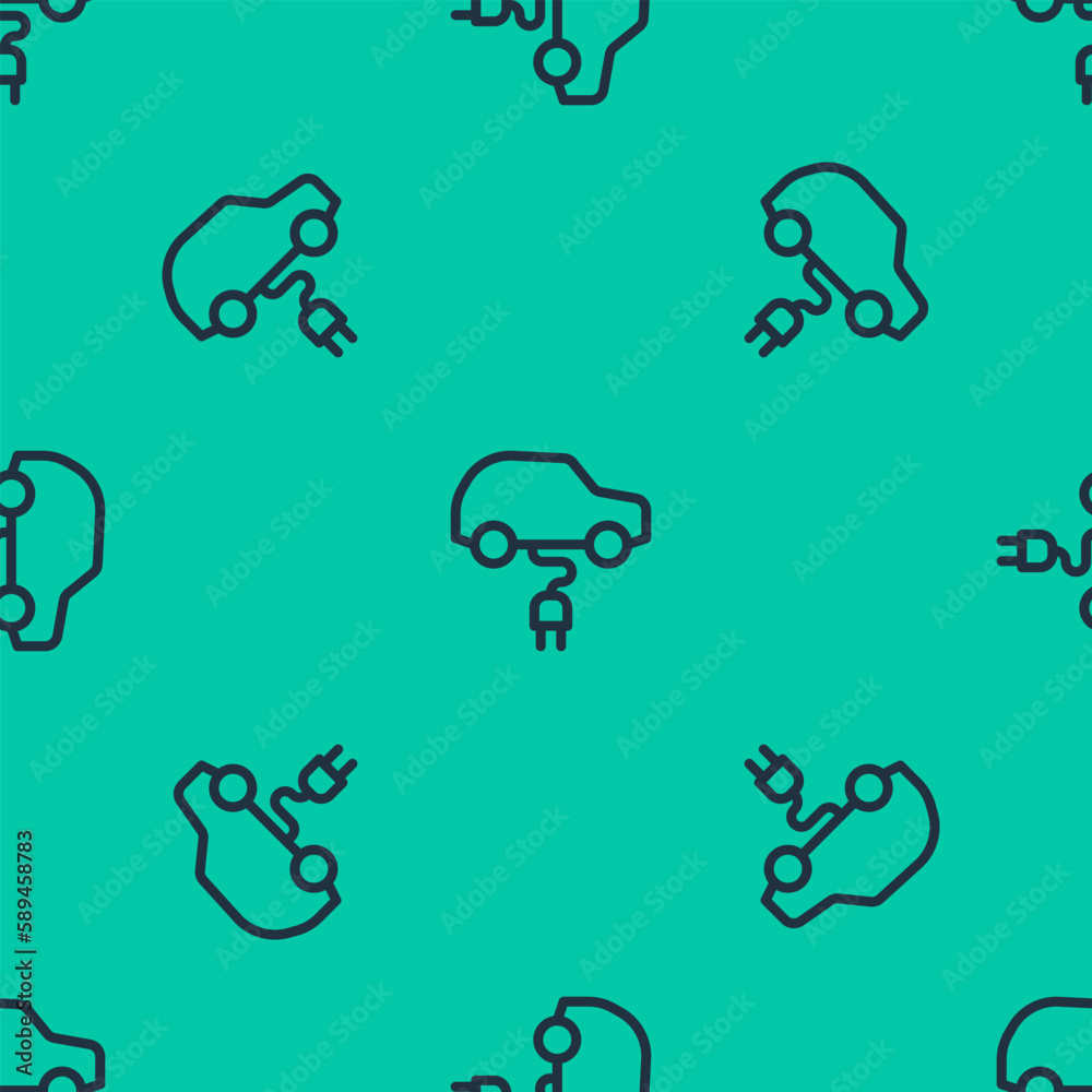 Blue line Electric car and electrical cable plug charging icon isolated seamless pattern on green background. Renewable eco technologies. Vector Blue line Electric car and electrical cable plug charging icon isolated seamless pattern on green background. Renewable eco technologies. Vector
