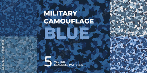 Seamless patterns of blue military camouflage. Army masking camo. Abstract camouflage ornament for fabric design and clothes