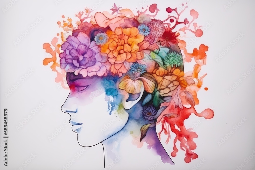 watercolor , flowers as human brain , new ideas and creative thinking