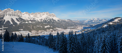 winter landscape Wilder Kaiser mountains, view to Ellmau tourist resort