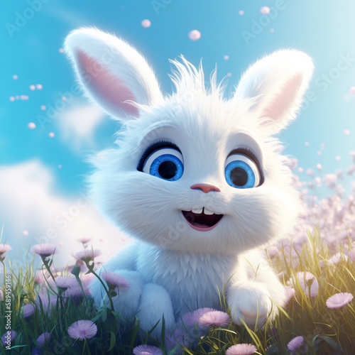 happy little white rabbit in a spring meadow, against the background of flowers and grass