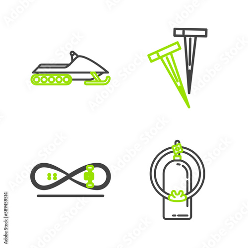 Set line Aqualung, Skateboard trick, Pegs for tents and Snowmobile icon. Vector