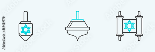 Set line Torah scroll, Hanukkah dreidel and icon. Vector