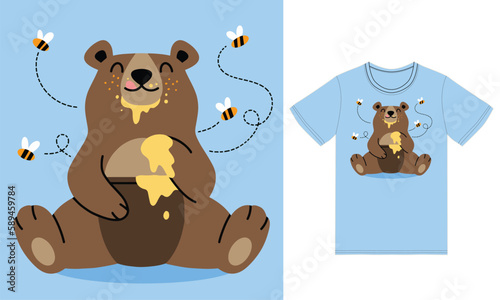 Cute bear eating honey illustration with tshirt design premium vector