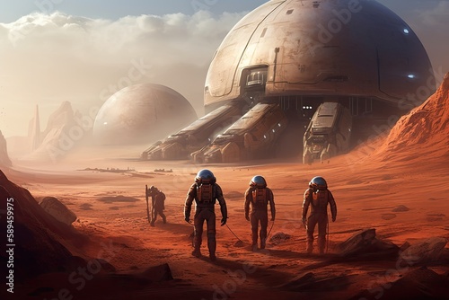 A group of human colonizers is shown disembarking from a spacecraft and setting foot on the barren surface of Mars. Generative AI photo