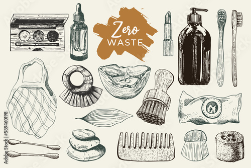 Zero waste bathroom accessories set. wooden comb, jute washcloth, bamboo toothbrush, organic soap, pumice, lipstick, loofah, Reusable eco-friendly hygiene items. Hand drawn sketch