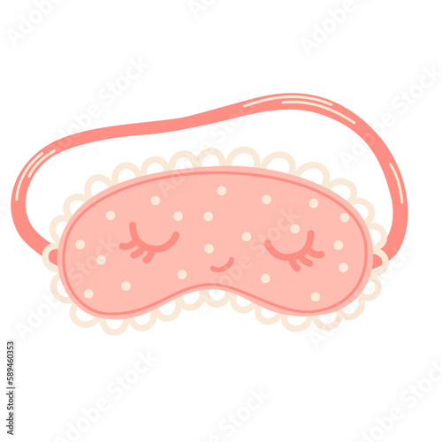 Sleep mask. Cute pink sleeping mask with closed eyes and eyelashes. Night accessory to sleep, travel and recreation. A symbol of pajama party. Cartoon Vector illustration