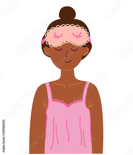 Beautiful women with sleeping mask. Dark-skinned girl is getting ready for bed in pajamas and a sleep mask.  Good morning. Night accessory to sleep, travel and recreation. Vector illustration 