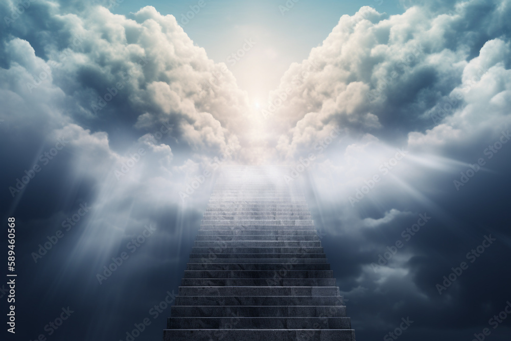 Stairs to heaven visualization. Stone stairs going up to the cloudy sky visualization. Bright light visible in clouds representing heaven. Generative AI