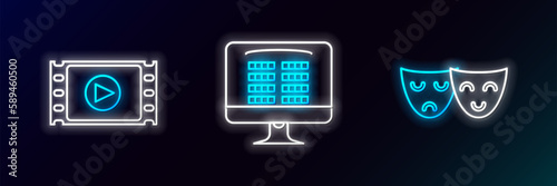 Set line Comedy and tragedy theatrical masks, Play Video and Buy cinema ticket online icon. Glowing neon. Vector