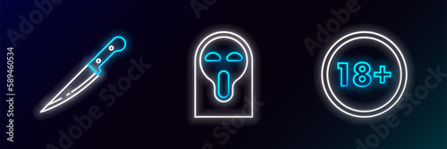 Set line Under 18 years, Knife and Funny and scary ghost mask icon. Glowing neon. Vector