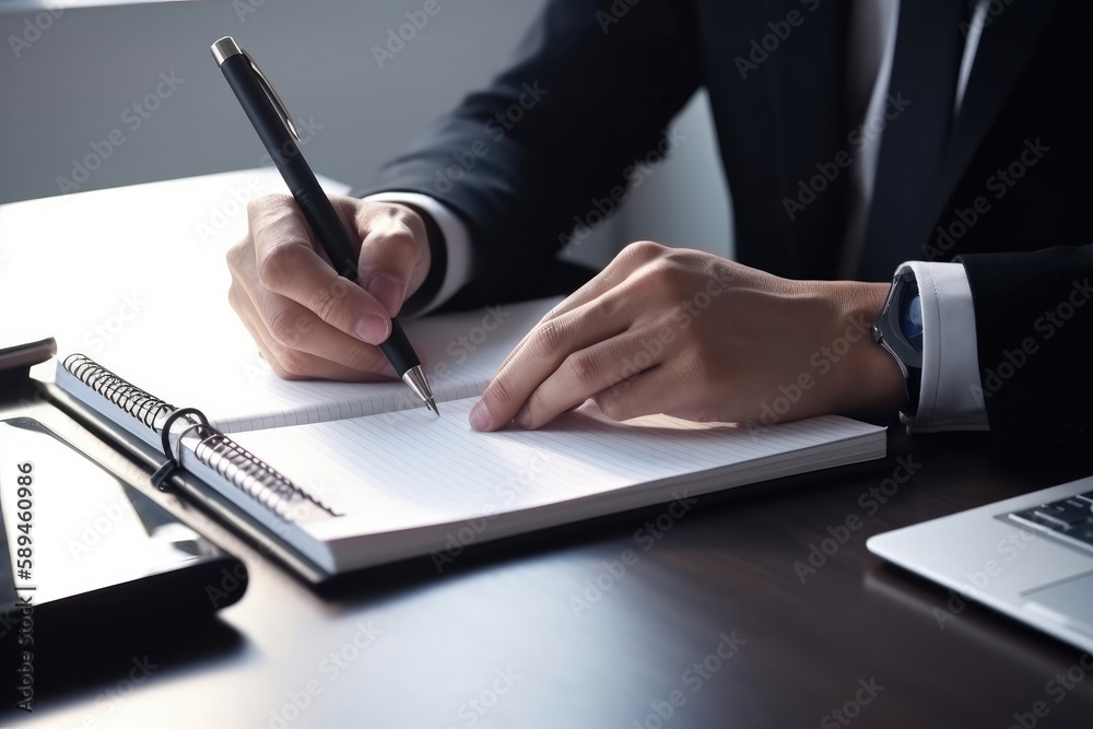 Hands of a businessman writing in his agenda. Generative AI Hands of a businessman writing in his agenda. Generative AI