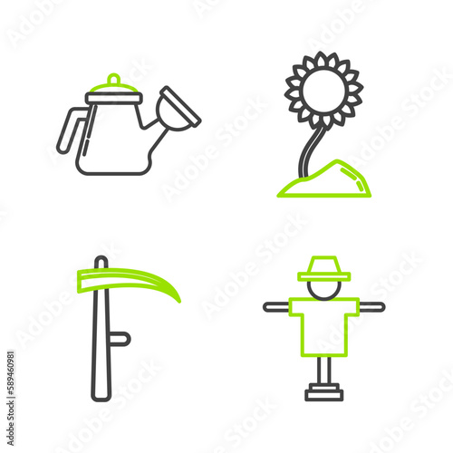 Set line Scarecrow, Scythe, Sunflower and Watering can icon. Vector