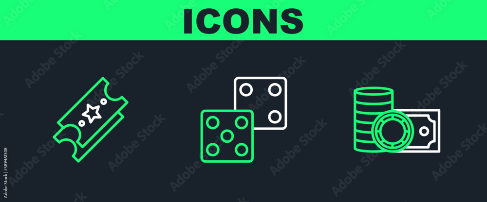 Set line Casino chips and stacks money cash, Lottery ticket and Game dice icon. Vector Set line Casino chips and stacks money cash, Lottery ticket and Game dice icon. Vector