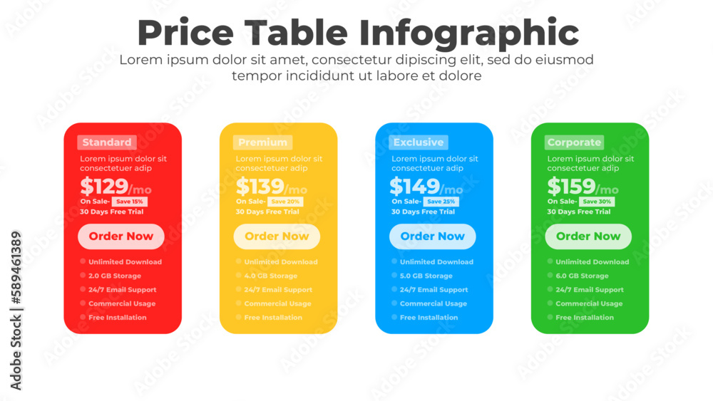 Modern pricing table layout with subscription plans and infographic design template for website or presentation Modern pricing table layout with subscription plans and infographic design template for website or presentation
