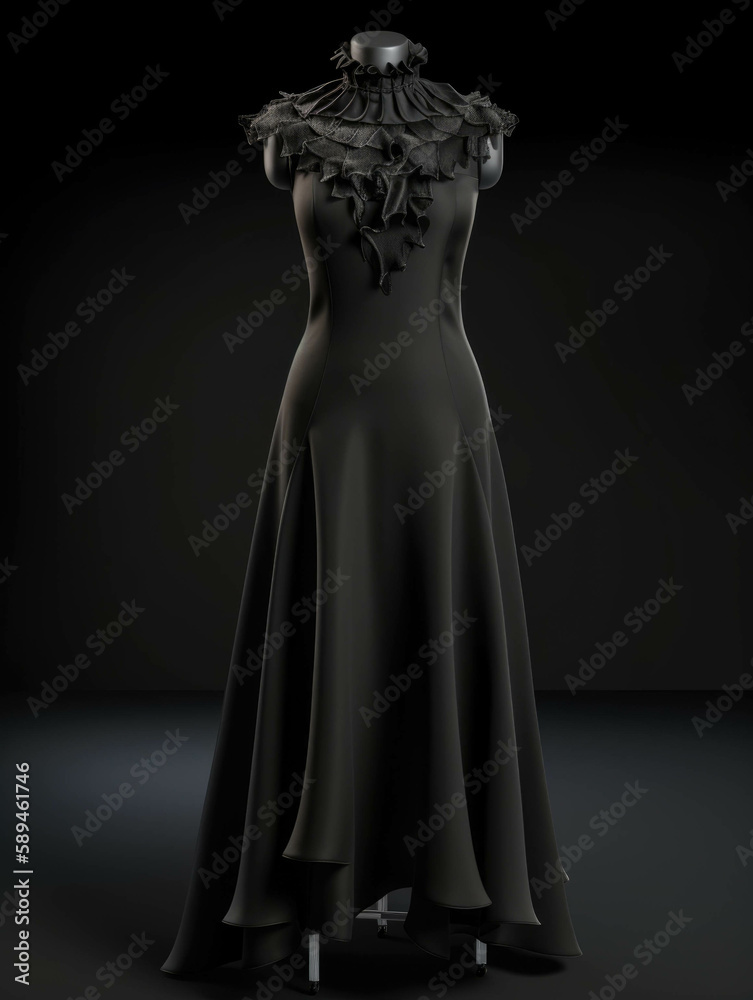 A highcollared silk dress with intricate weblike beading and intricate ruffled details. Gothic art. AI generation.