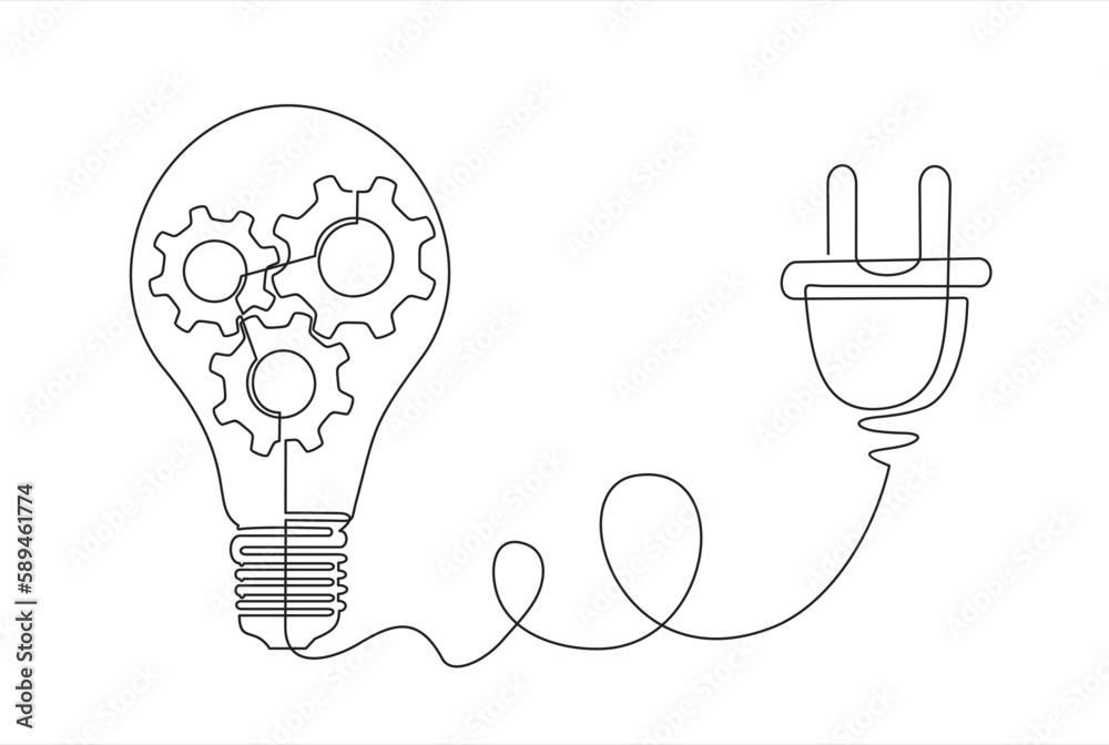 Continuous one single line drawing innovation Light bulb with gears ...