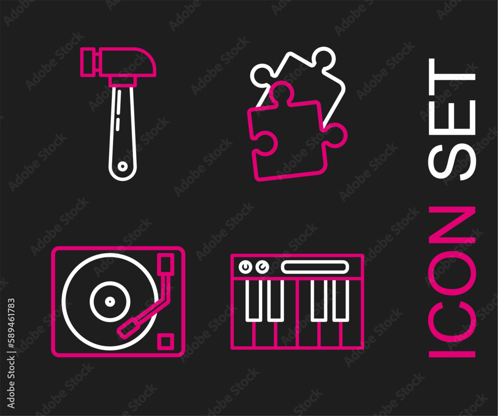 Set line Music synthesizer, Vinyl player with a vinyl disk, Piece of puzzle and Hammer icon. Vector Set line Music synthesizer, Vinyl player with a vinyl disk, Piece of puzzle and Hammer icon. Vector