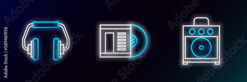 Set line Guitar amplifier, Headphones and Vinyl disk icon. Glowing neon. Vector