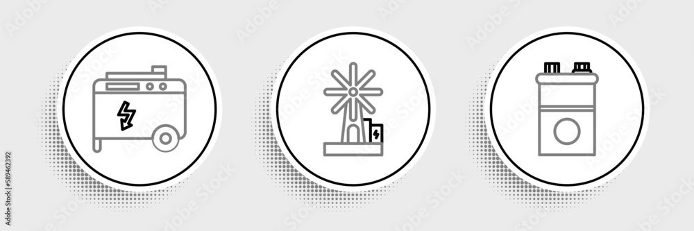 Set line Car battery, Portable power electric generator and Wind turbine icon. Vector Set line Car battery, Portable power electric generator and Wind turbine icon. Vector