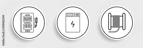 Set line Wire electric cable on a reel or drum, Electrical panel and Power bank icon. Vector