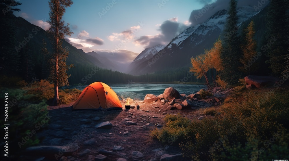 Dawn in the Wild: Camping at Sunrise. Generative AI