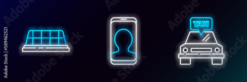Set line Taxi car, roof and call telephone service icon. Glowing neon. Vector