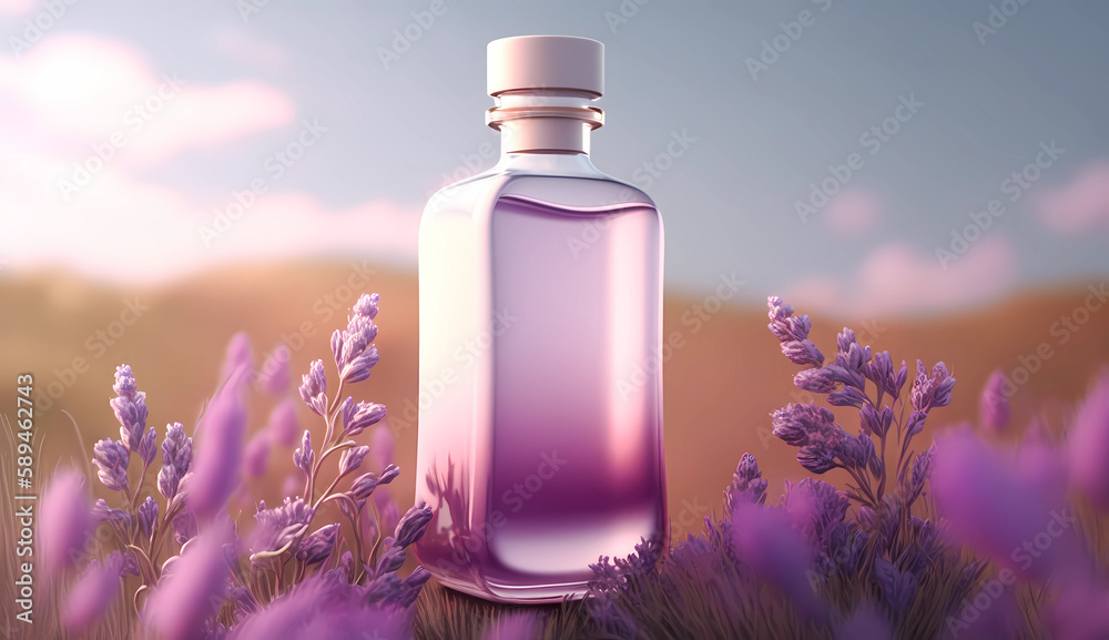 Transparent bottle surrounded with lavender for a beauty product showcase and presentation. AI generated illustration for a fragrance display with fresh and stylish background scene Transparent bottle surrounded with lavender for a beauty product showcase and presentation. AI generated illustration for a fragrance display with fresh and stylish background scene