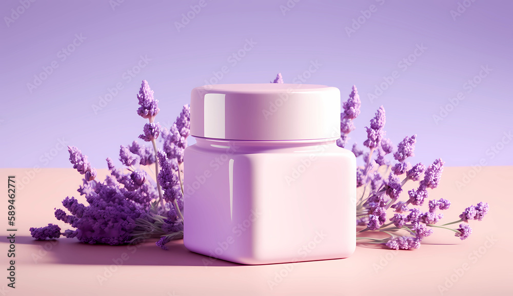 Cosmetic jar with cream surrounded with lavender for a beauty product showcase and presentation. AI generated illustration for a cream container display with fresh and stylish background scene Cosmetic jar with cream surrounded with lavender for a beauty product showcase and presentation. AI generated illustration for a cream container display with fresh and stylish background scene