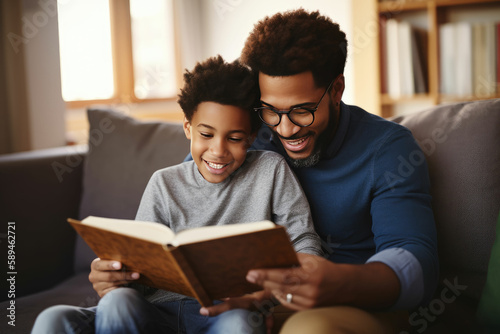 Cheerful little afro child hugging his African American dad and reading book at home in modern interior. Concept of Father's Day. Family day. Generated Ai. 