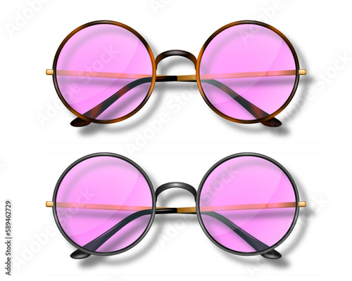 Vector 3d Realistic Modern Unisex Frame Glasses with Pink Glass. Leopard, Black Color Frame. Pink Transparent Sunglasses for Women and Men, Accessory. Optics, Lens, Vintage, Trendy Glasses. Front View