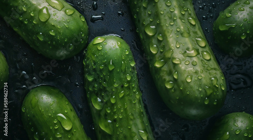 Top view of fresh cucumbers with water drops