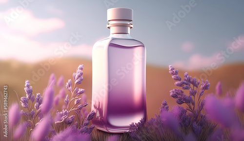Transparent bottle surrounded with lavender for a beauty product showcase and presentation. AI generated illustration for a fragrance display with fresh and stylish background scene